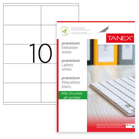 Etichete - Set 1000 etichete autoadezive A4, 100 coli, 10 etichete/coala, 105x57 mm, albe, colturi drepte, pentru imprimante laser si inkjet, Tanex TW-2610