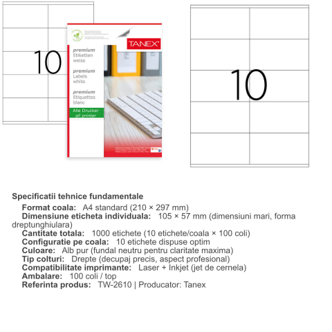 Set 1000 etichete autoadezive A4, 100 coli, 10 etichete/coala, 105x57 mm, albe, colturi drepte, pentru imprimante laser si inkjet, Tanex TW-2610 [2]