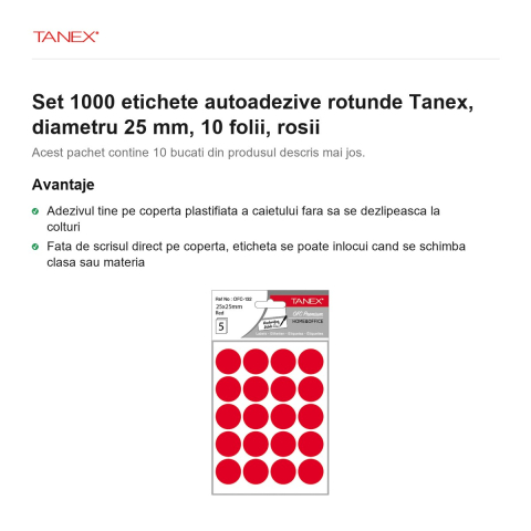Set 1000 etichete autoadezive rotunde Tanex, diametru 25 mm, 10 seturi, rosii [1]