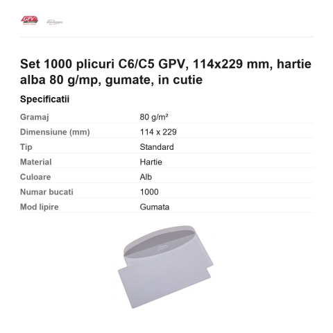 Set 1000 plicuri C6/C5 GPV, 114x229 mm, hartie alba 80 g/mp, gumate, in cutie [2]
