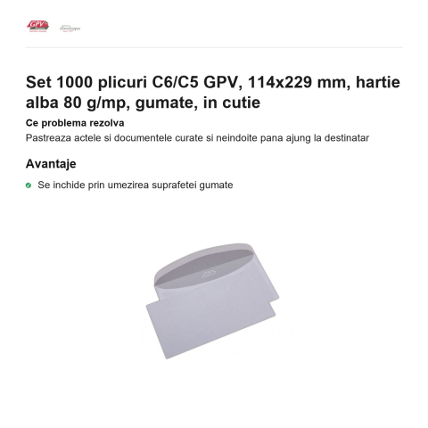 Set 1000 plicuri C6/C5 GPV, 114x229 mm, hartie alba 80 g/mp, gumate, in cutie [1]