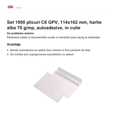 Set 1000 plicuri C6 GPV, 114x162 mm, hartie alba 70 g/mp, autoadezive, in cutie [1]