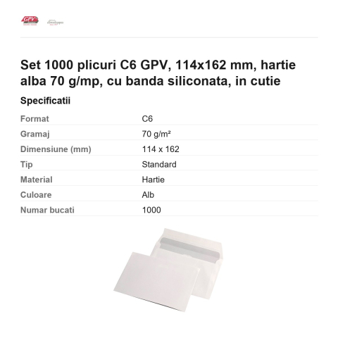 Set 1000 plicuri C6 GPV, 114x162 mm, hartie alba 70 g/mp, cu banda siliconata, in cutie [2]