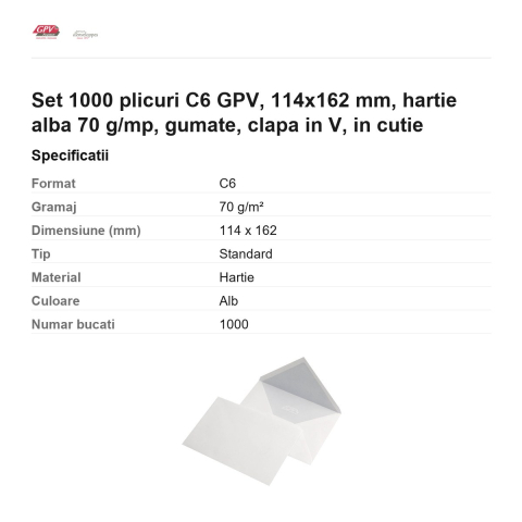 Set 1000 plicuri C6 GPV, 114x162 mm, hartie alba 70 g/mp, gumate, clapa in V, in cutie [2]
