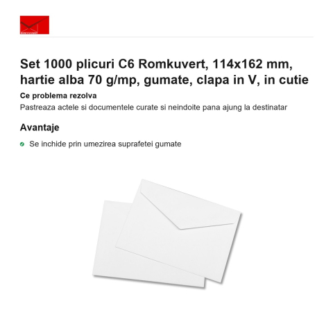 Set 1000 plicuri C6 Romkuvert, 114x162 mm, hartie alba 70 g/mp, gumate, clapa in V, in cutie [1]