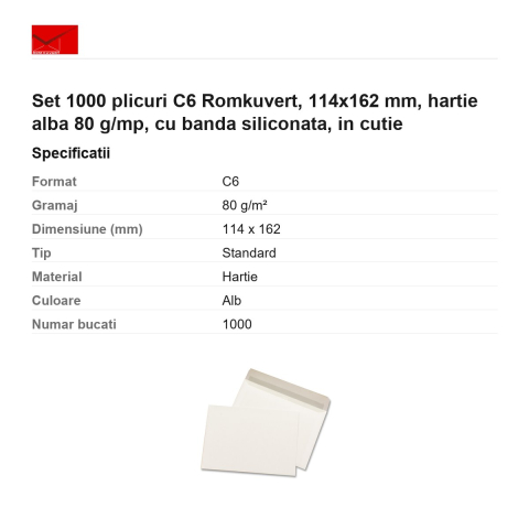 Set 1000 plicuri C6 Romkuvert, 114x162 mm, hartie alba 80 g/mp, cu banda siliconata, in cutie [2]