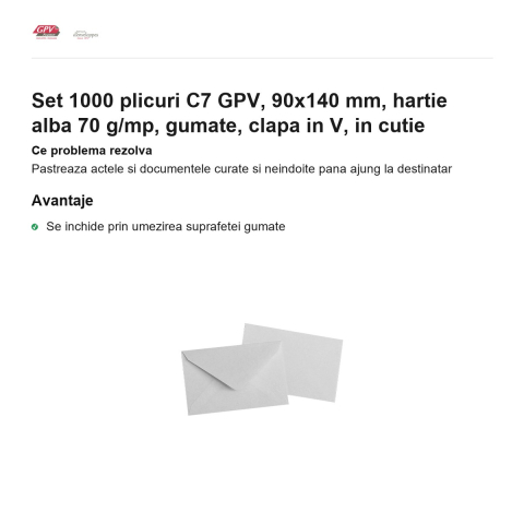 Set 1000 plicuri C7 GPV, 90x140 mm, hartie alba 70 g/mp, gumate, clapa in V, in cutie [1]