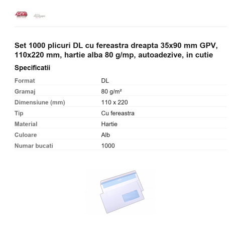 Set 1000 plicuri DL cu fereastra dreapta 35x90 mm GPV, 110x220 mm, hartie alba 80 g/mp, autoadezive, in cutie [2]