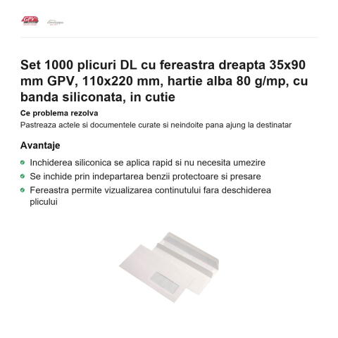 Set 1000 plicuri DL cu fereastra dreapta 35x90 mm GPV, 110x220 mm, hartie alba 80 g/mp, cu banda siliconata, in cutie [1]