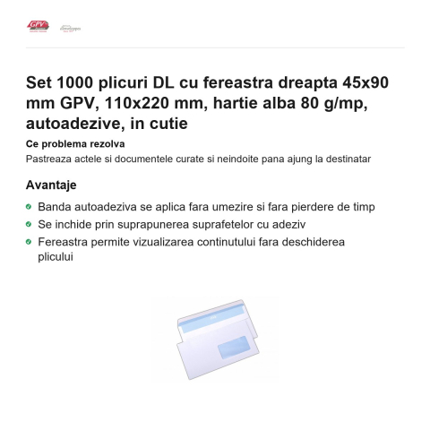 Set 1000 plicuri DL cu fereastra dreapta 45x90 mm GPV, 110x220 mm, hartie alba 80 g/mp, autoadezive, in cutie [1]