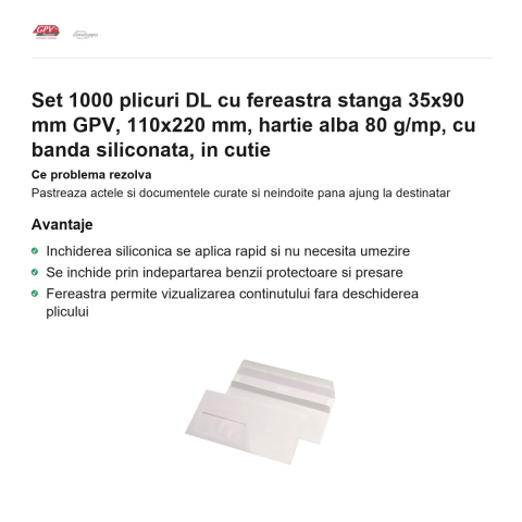 Set 1000 plicuri DL cu fereastra stanga 35x90 mm GPV, 110x220 mm, hartie alba 80 g/mp, cu banda siliconata, in cutie [1]