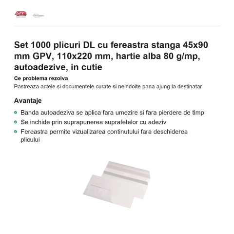 Set 1000 plicuri DL cu fereastra stanga 45x90 mm GPV, 110x220 mm, hartie alba 80 g/mp, autoadezive, in cutie [1]