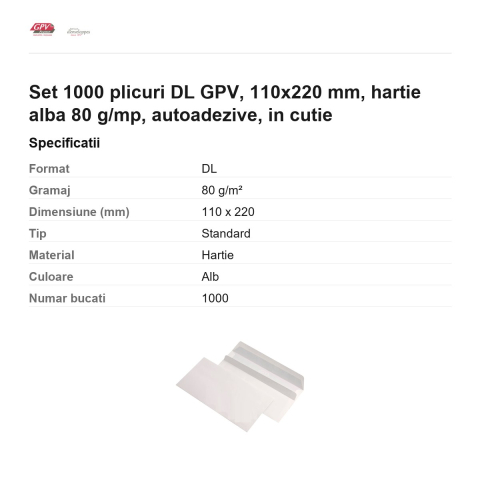 Set 1000 plicuri DL GPV, 110x220 mm, hartie alba 80 g/mp, autoadezive, in cutie [2]