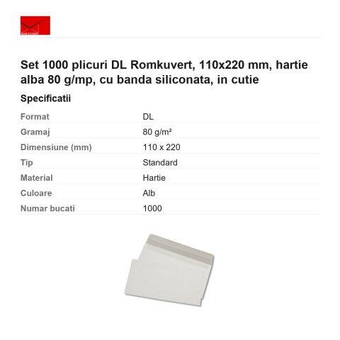 Set 1000 plicuri DL Romkuvert, 110x220 mm, hartie alba 80 g/mp, cu banda siliconata, in cutie [2]
