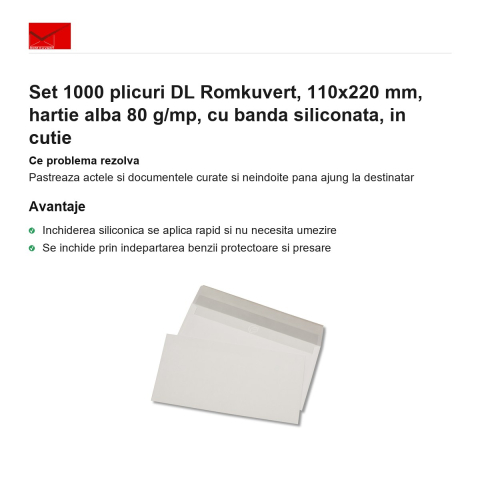 Set 1000 plicuri DL Romkuvert, 110x220 mm, hartie alba 80 g/mp, cu banda siliconata, in cutie [1]