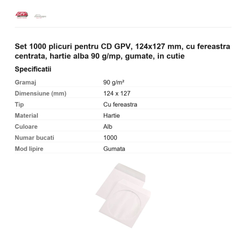 Set 1000 plicuri pentru CD GPV, 124x127 mm, cu fereastra centrata, hartie alba 90 g/mp, gumate, in cutie [2]