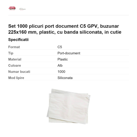 Set 1000 plicuri port document C5 GPV, buzunar 225x160 mm, plastic, cu banda siliconata, in cutie [2]