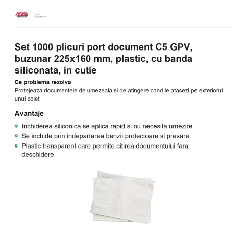 Set 1000 plicuri port document C5 GPV, buzunar 225x160 mm, plastic, cu banda siliconata, in cutie [1]