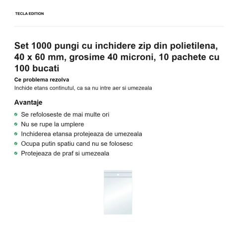 Set 1000 pungi cu inchidere zip din polietilena, 40 x 60 mm, grosime 40 microni, 10 pachete cu 100 bucati [1]