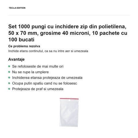 Set 1000 pungi cu inchidere zip din polietilena, 50 x 70 mm, grosime 40 microni, 10 pachete cu 100 bucati [1]