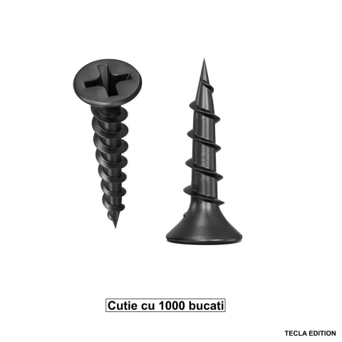 Pentru structura din lemn - Set 1000 Suruburi autofiletante pentru gips-carton, 3.5x25 mm, filet rapid, pentru fixare pe lemn, cap inecat PH2, otel fosfatat