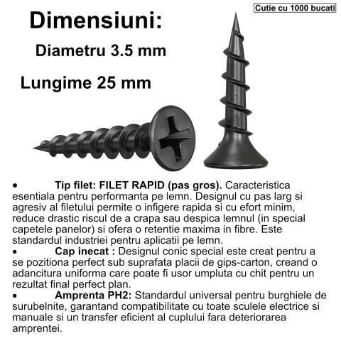 Set 1000 Suruburi autofiletante pentru gips-carton, 3.5x25 mm, filet rapid, pentru fixare pe lemn, cap inecat PH2, otel fosfatat [1]