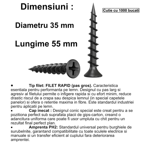 Set 1000 Suruburi autofiletante pentru gips-carton, 3.5x55 mm, filet rapid pentru lemn, cap inecat PH2,otel fosfatat [1]