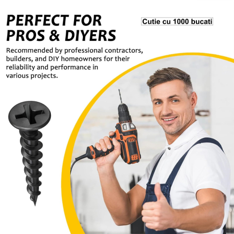 Set 1000 Suruburi autofiletante pentru gips-carton, 4.2x70 mm, filet rapid pentru lemn, cap inecat PH2, otel fosfatat [2]