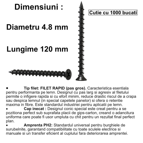 Set 1000 Suruburi autofiletante pentru gips-carton, 4.8x120 mm, filet rapid pentru lemn, cap inecat PH2, otel fosfatat [1]