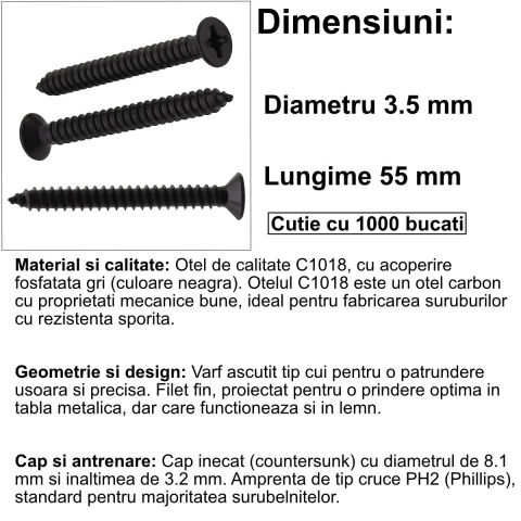 Set 1000 Suruburi Universale pentru Rigips, 3.5 x 55 mm, Lungime Extra, Autofiletante, pentru Profile Metalice si Structura Lemn, Cap Inecat, Otel Fosfatat [1]