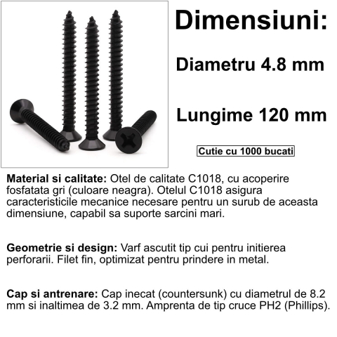 Set 1000 Suruburi Universale pentru Rigips, Dimensiuni Extreme 4.8x120 mm, Autofiletante, pentru Aplicatii Structurale Speciale, Cap Inecat, Otel Fosfatat [1]