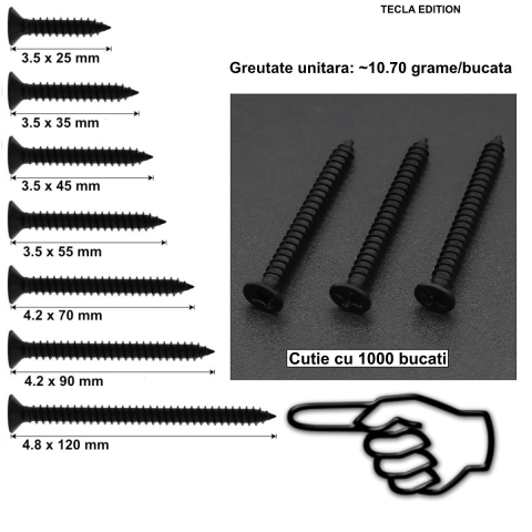 Set 1000 Suruburi Universale pentru Rigips, Dimensiuni Extreme 4.8x120 mm, Autofiletante, pentru Aplicatii Structurale Speciale, Cap Inecat, Otel Fosfatat [2]