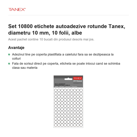 Set 10800 etichete autoadezive rotunde Tanex, diametru 10 mm, 10 seturi, albe [1]