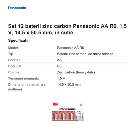 Set 12 baterii zinc carbon Panasonic AA R6, 1.5 V, 14.5 x 50.5 mm, in cutie [2]
