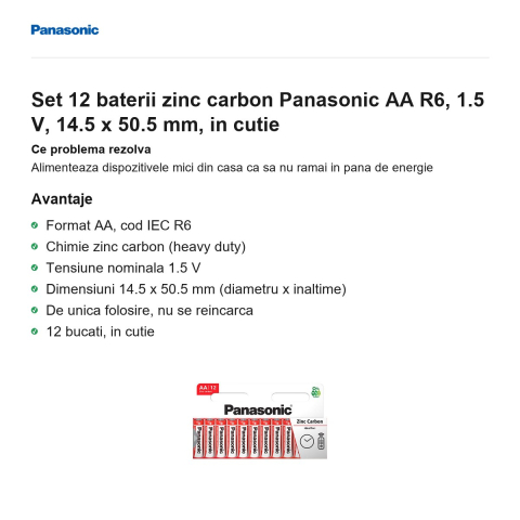 Set 12 baterii zinc carbon Panasonic AA R6, 1.5 V, 14.5 x 50.5 mm, in cutie [1]