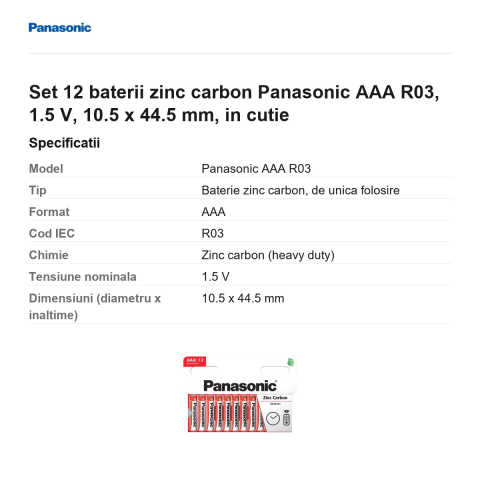 Set 12 baterii zinc carbon Panasonic AAA R03, 1.5 V, 10.5 x 44.5 mm, in cutie [2]