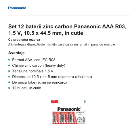 Set 12 baterii zinc carbon Panasonic AAA R03, 1.5 V, 10.5 x 44.5 mm, in cutie [1]