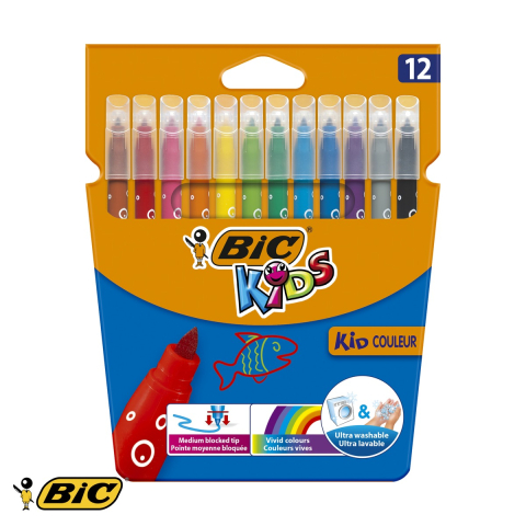Birotica papetarie - Set 12 carioci Bic Kid Couleur ultralavabile, varf mediu, pentru copii de la 5 ani