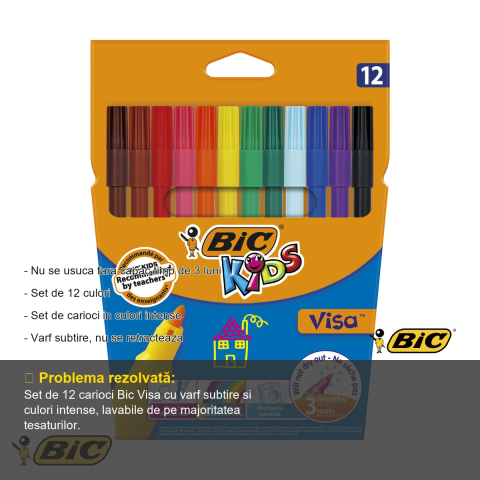 Set 12 carioci lavabile Bic Visa, varf subtire, culori intense, pentru copii [1]