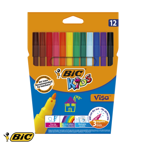 Birotica papetarie - Set 12 carioci lavabile Bic Visa, varf subtire, culori intense, pentru copii