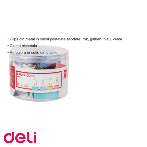 Set 12 clipsuri hartie colorate Deli, 51 mm, culori pastel, pentru organizare documente la birou [2]
