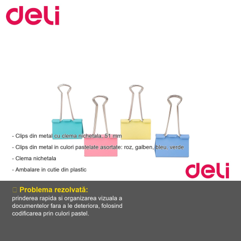 Set 12 clipsuri hartie colorate Deli, 51 mm, culori pastel, pentru organizare documente la birou [1]