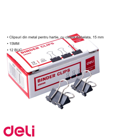 Set 12 clipsuri hartie Deli, 15 mm, clema nichelata, pentru organizare documente la birou [2]