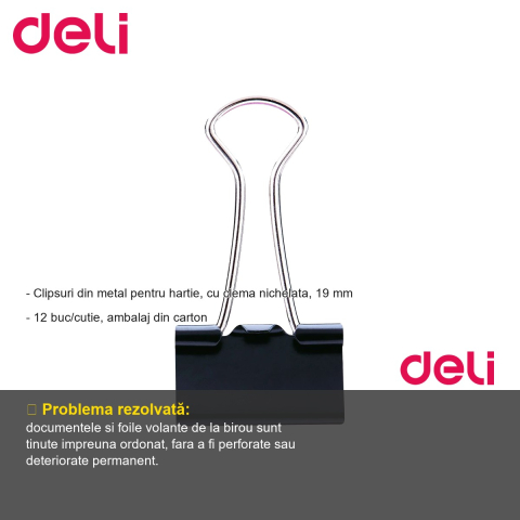 Set 12 clipsuri hartie Deli, 19 mm, metal nichelat, pentru organizare documente la birou [1]