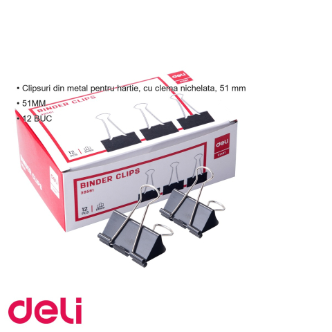 Set 12 clipsuri hartie Deli, 51 mm, clema nichelata, pentru organizare documente la birou [2]