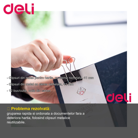 Set 12 clipsuri hartie Deli, metal nichelat 41mm, pentru organizarea documentelor la birou [1]