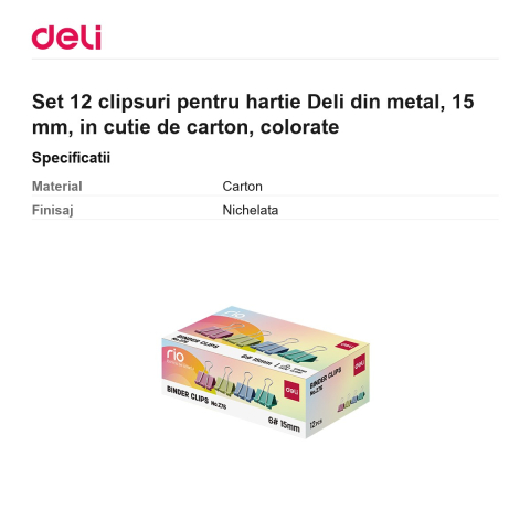 Set 12 clipsuri pentru hartie Deli din metal, 15 mm, in cutie de carton, colorate [2]