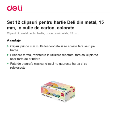 Set 12 clipsuri pentru hartie Deli din metal, 15 mm, in cutie de carton, colorate [1]
