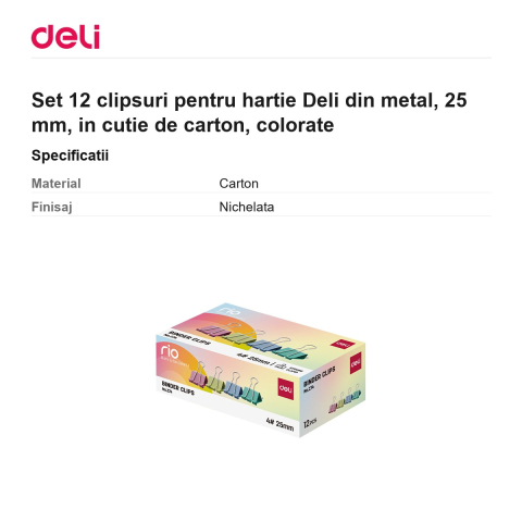 Set 12 clipsuri pentru hartie Deli din metal, 25 mm, in cutie de carton, colorate [2]