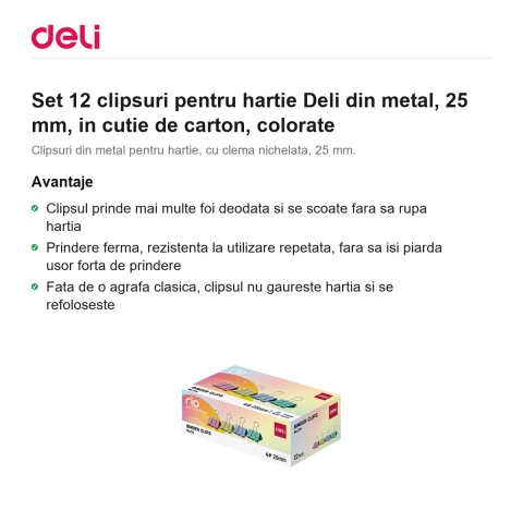 Set 12 clipsuri pentru hartie Deli din metal, 25 mm, in cutie de carton, colorate [1]